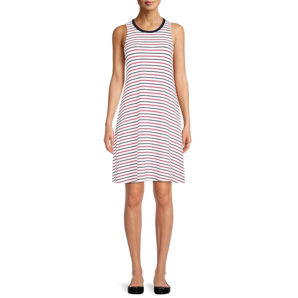 TIME AND TRU women's sleeveless knit dress striped white blue Small (4-6) w-108